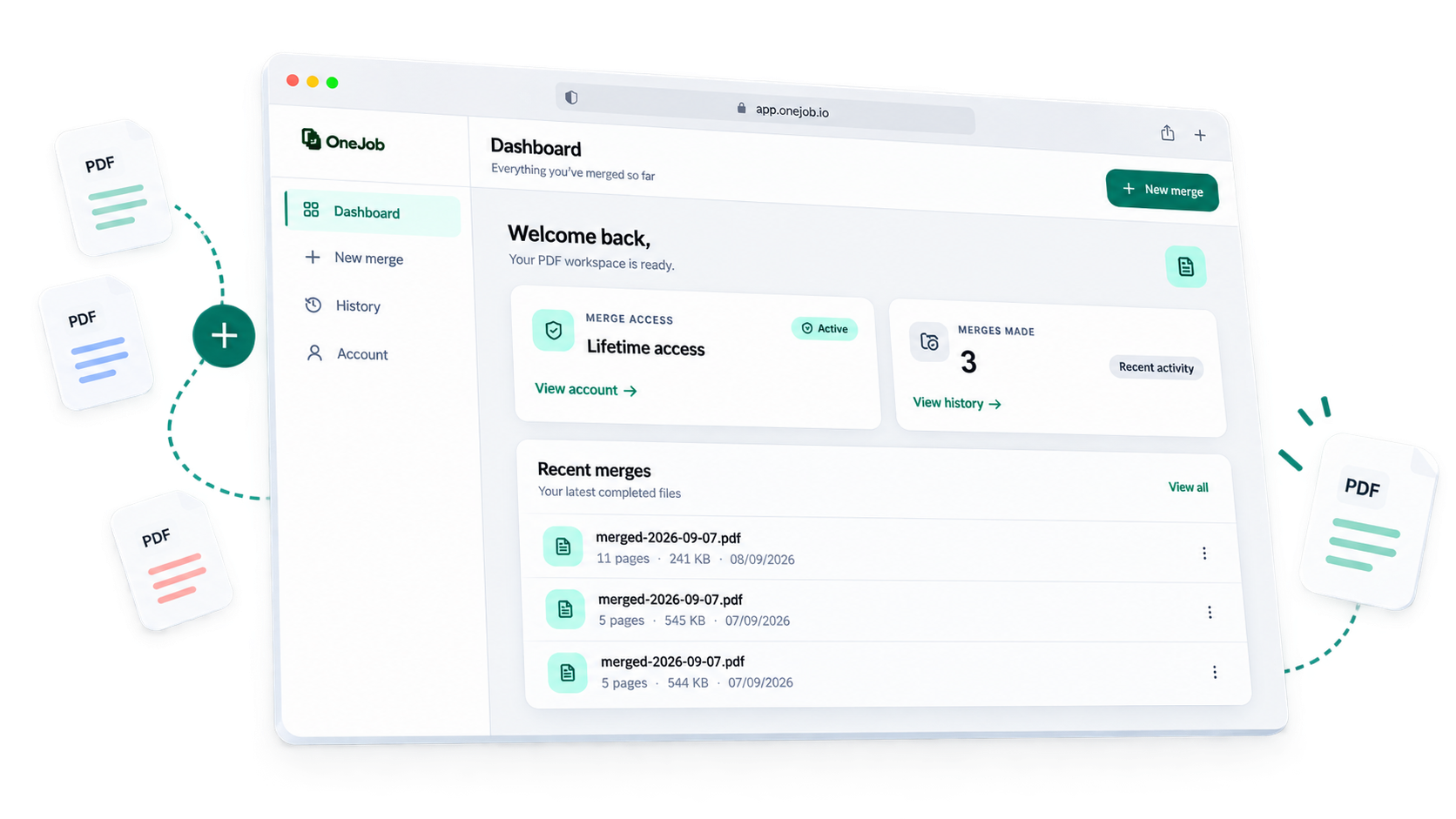 OneJob PDF merge workspace preview